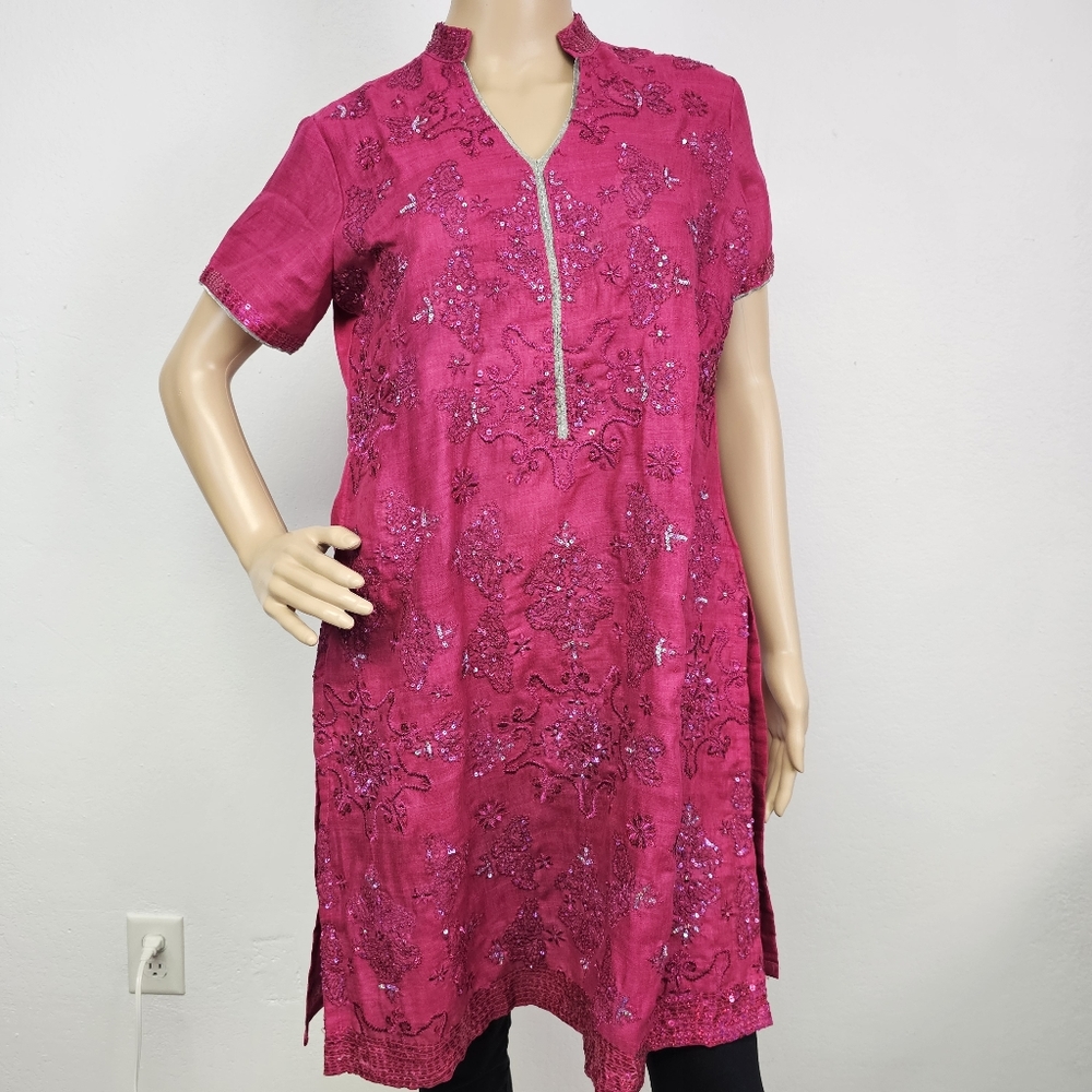 Biba Kurta Tunic Top Indian Pink Sparkle Accented Lined Size 36.  US Sz 6-8